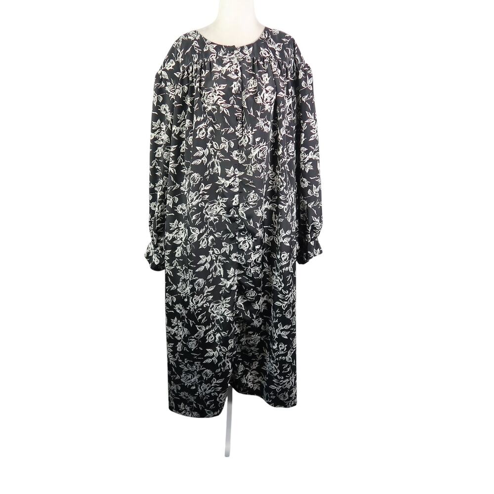 Vintage 80s MG Black and White Floral Print Midi Muumuu Dress Plus Size